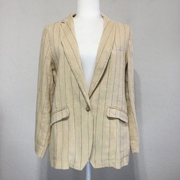 Forte Forte NWT Womens 2 Sand Yellow Pinstripe Linen Cotton Blend Blazer Jacket